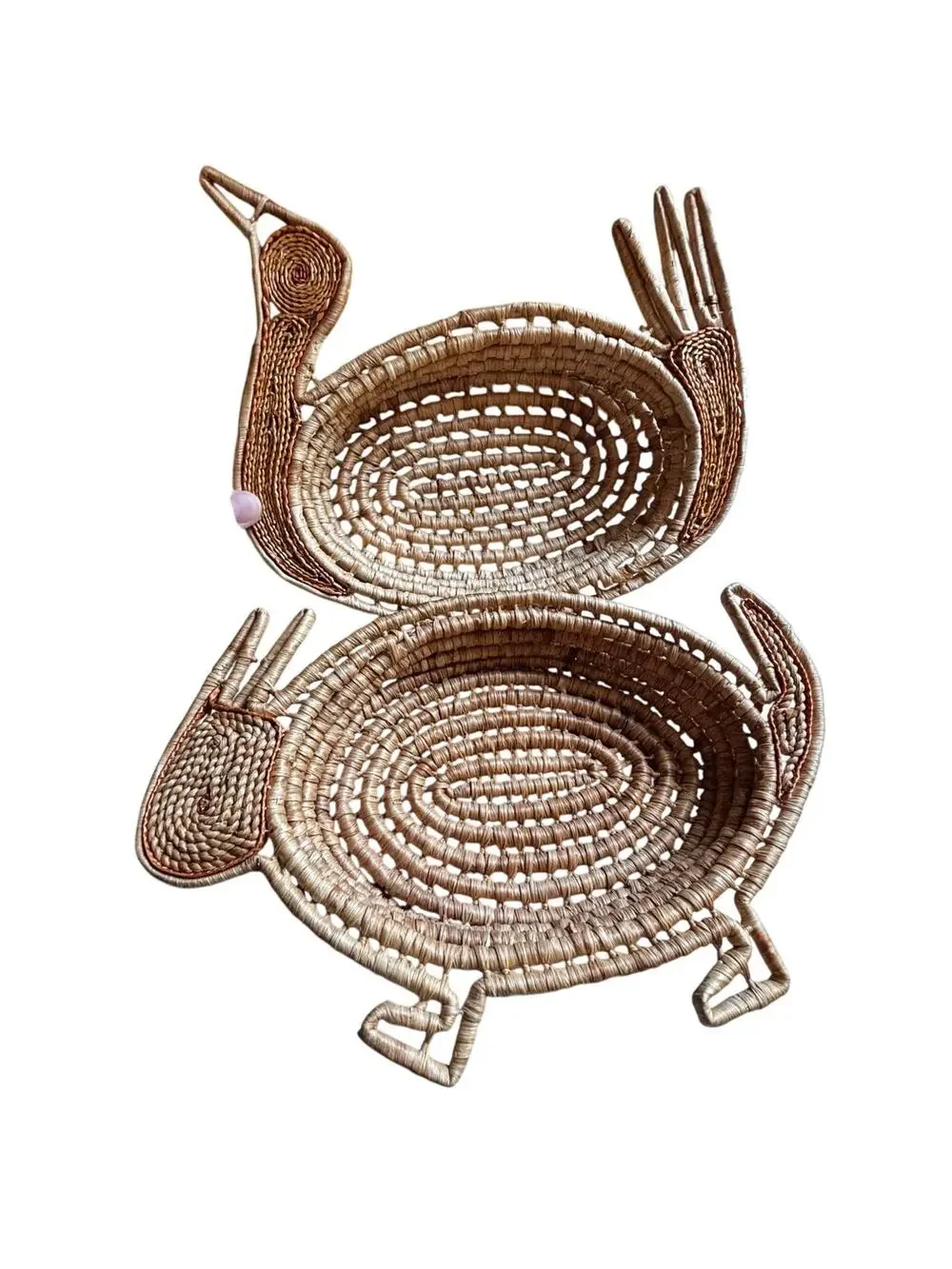 Two Gullah style handmade shaped shallow woven baskets Bunny & Turkey theme